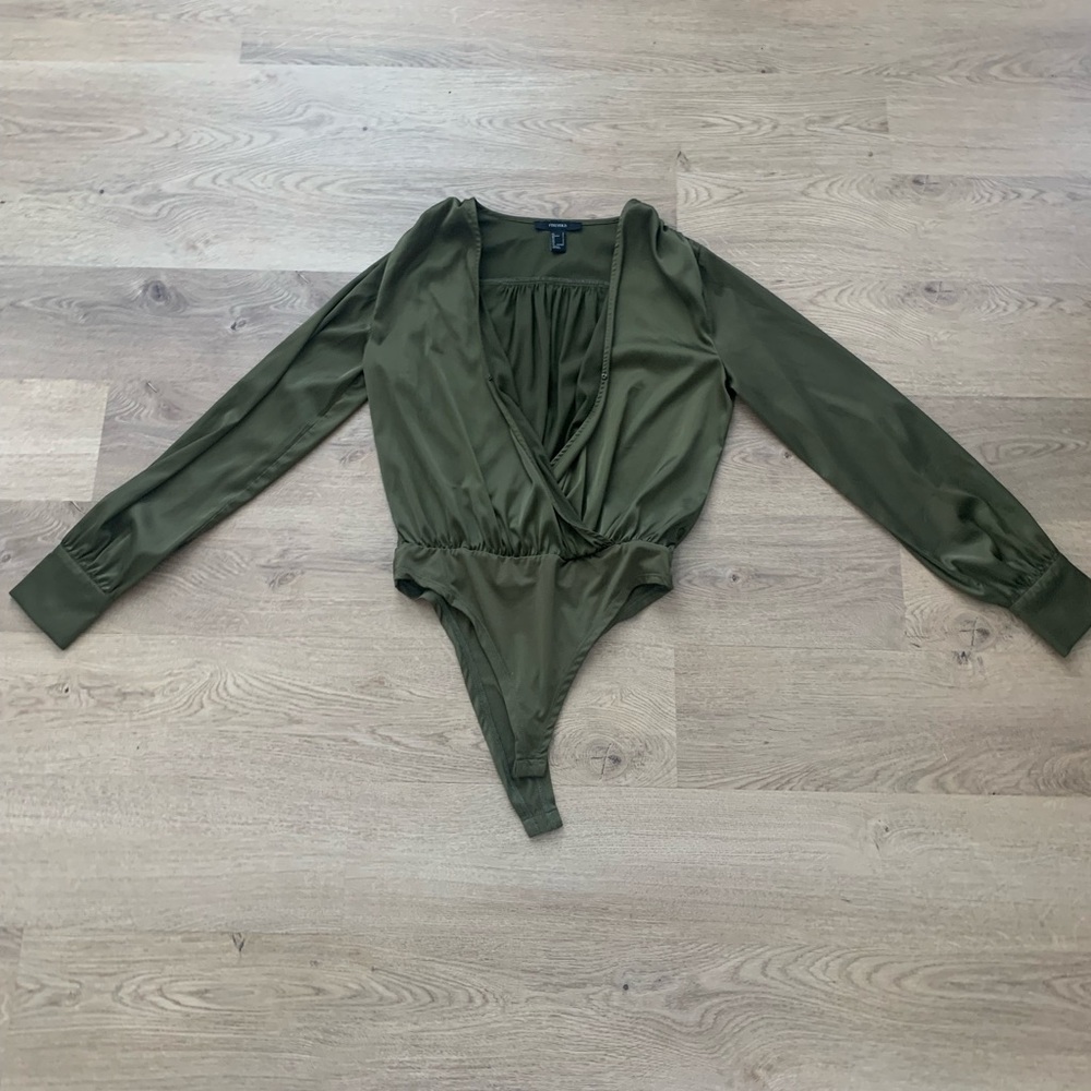 Forever 21 Green Bodysuit with V-Neck Twist Detail